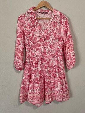 Zara Pink Floral Mini Dress 3/4 Sleeve Tiered collared boho feminine summer XS